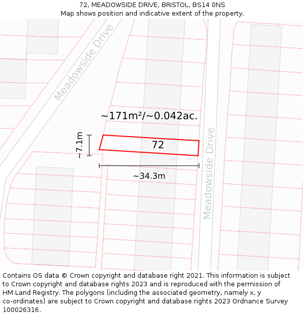 72, MEADOWSIDE DRIVE, BRISTOL, BS14 0NS: Plot and title map