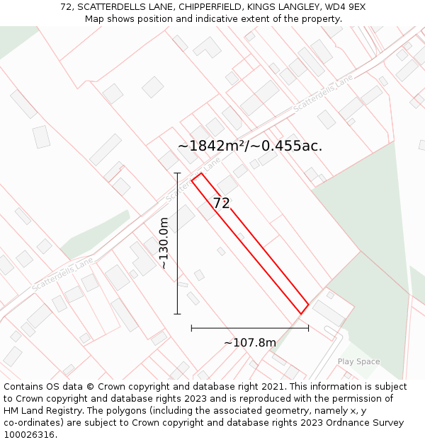 72, SCATTERDELLS LANE, CHIPPERFIELD, KINGS LANGLEY, WD4 9EX: Plot and title map