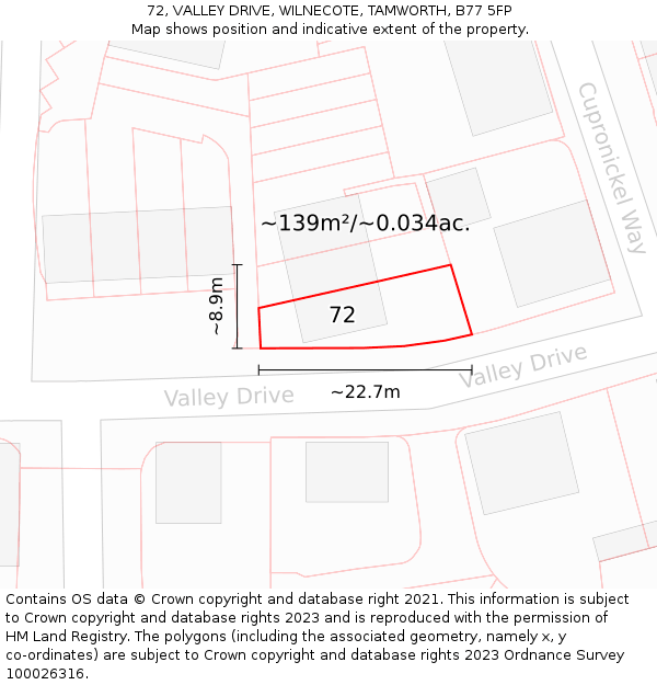 72, VALLEY DRIVE, WILNECOTE, TAMWORTH, B77 5FP: Plot and title map
