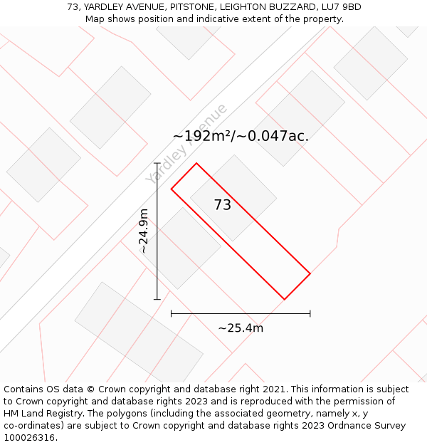 73, YARDLEY AVENUE, PITSTONE, LEIGHTON BUZZARD, LU7 9BD: Plot and title map