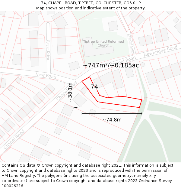 74, CHAPEL ROAD, TIPTREE, COLCHESTER, CO5 0HP: Plot and title map