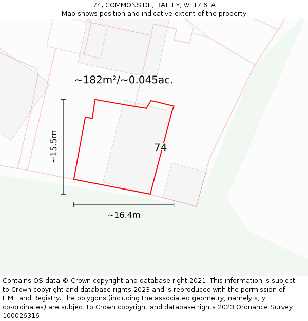 74, COMMONSIDE, BATLEY, WF17 6LA: Plot and title map
