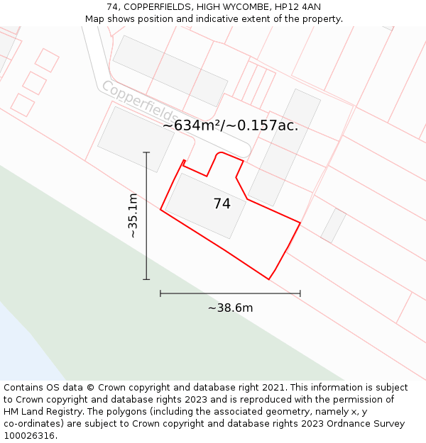 74, COPPERFIELDS, HIGH WYCOMBE, HP12 4AN: Plot and title map