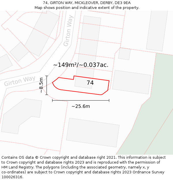 74, GIRTON WAY, MICKLEOVER, DERBY, DE3 9EA: Plot and title map