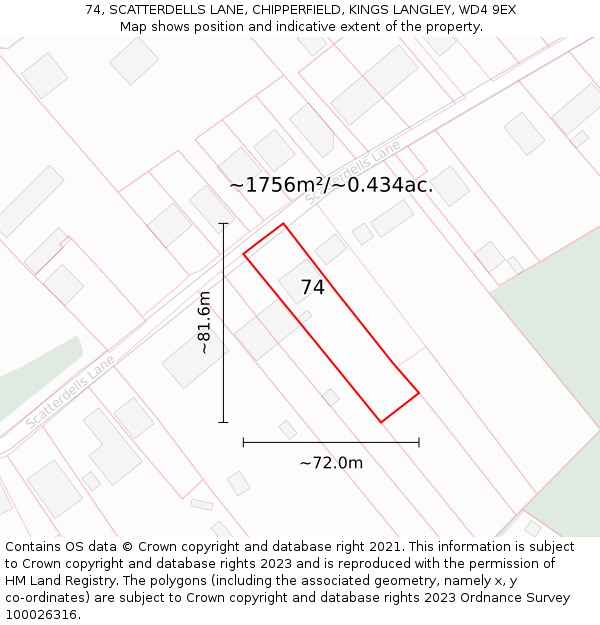 74, SCATTERDELLS LANE, CHIPPERFIELD, KINGS LANGLEY, WD4 9EX: Plot and title map