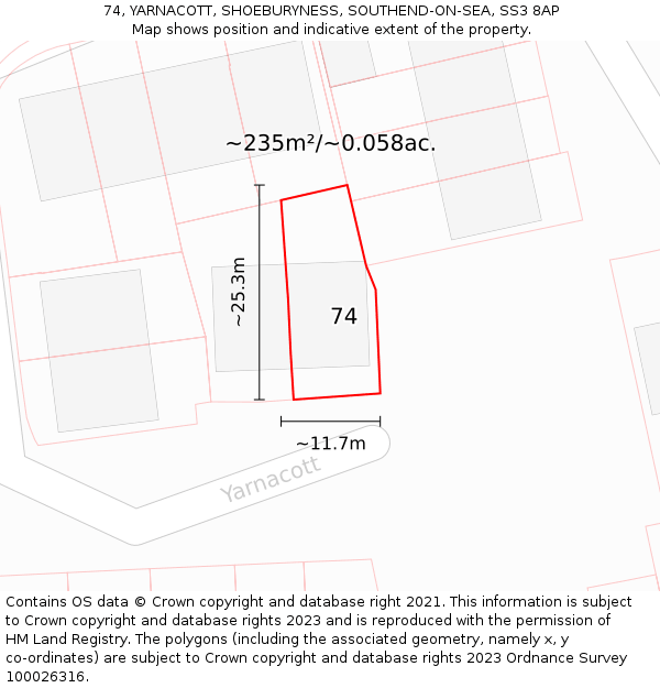 74, YARNACOTT, SHOEBURYNESS, SOUTHEND-ON-SEA, SS3 8AP: Plot and title map