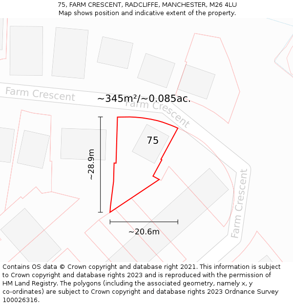 75, FARM CRESCENT, RADCLIFFE, MANCHESTER, M26 4LU: Plot and title map