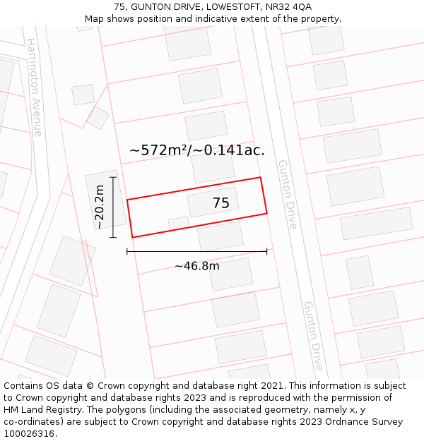 75, GUNTON DRIVE, LOWESTOFT, NR32 4QA: Plot and title map