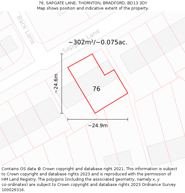 76, SAPGATE LANE, THORNTON, BRADFORD, BD13 3DY: Plot and title map
