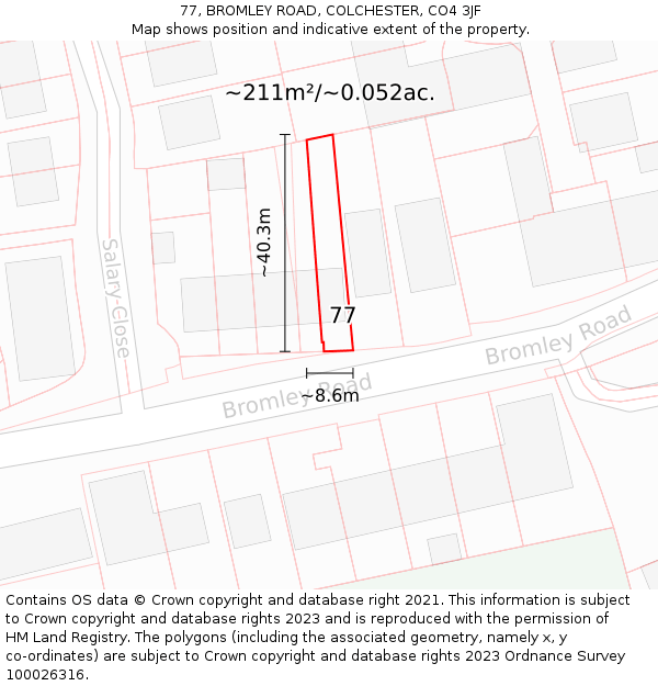77, BROMLEY ROAD, COLCHESTER, CO4 3JF: Plot and title map