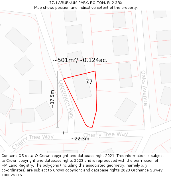 77, LABURNUM PARK, BOLTON, BL2 3BX: Plot and title map
