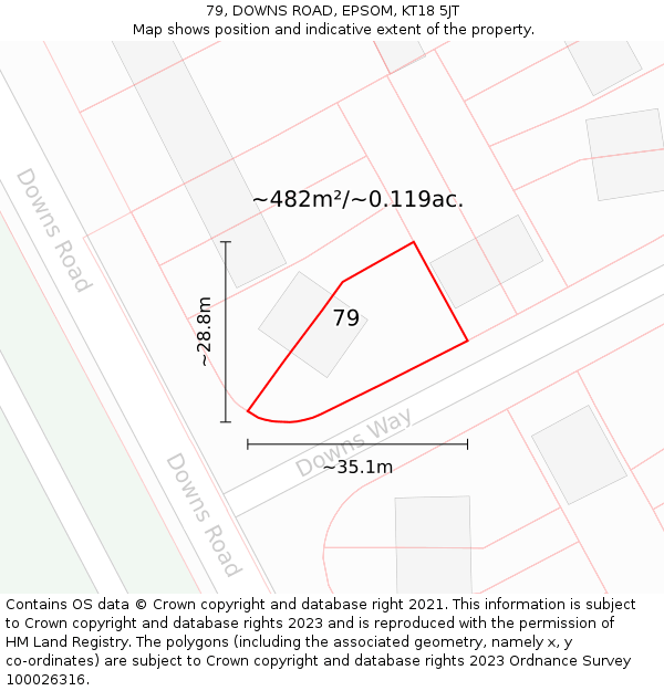 79, DOWNS ROAD, EPSOM, KT18 5JT: Plot and title map