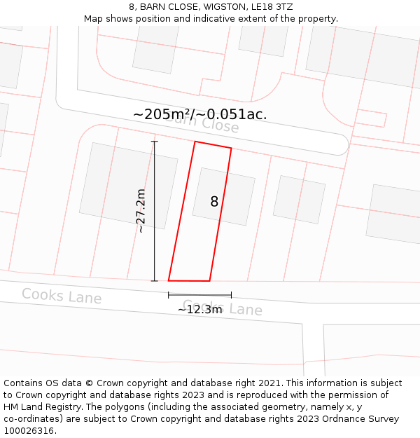 8, BARN CLOSE, WIGSTON, LE18 3TZ: Plot and title map