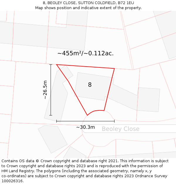 8, BEOLEY CLOSE, SUTTON COLDFIELD, B72 1EU: Plot and title map