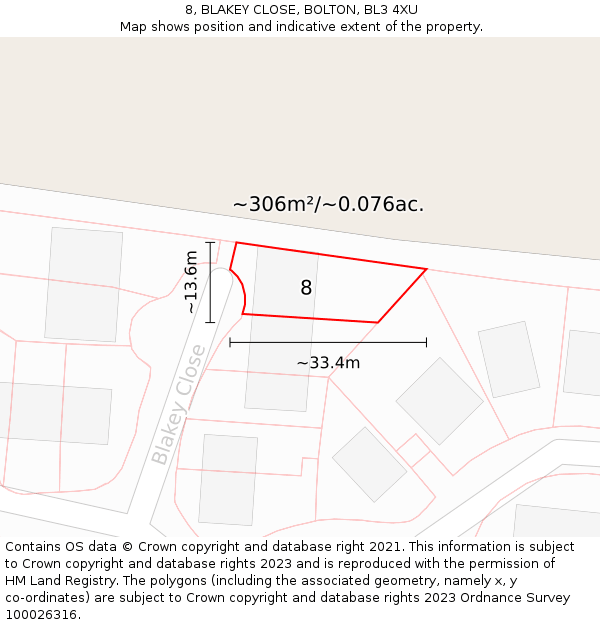 8, BLAKEY CLOSE, BOLTON, BL3 4XU: Plot and title map