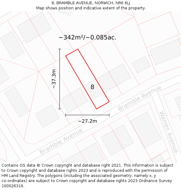 8, BRAMBLE AVENUE, NORWICH, NR6 6LJ: Plot and title map