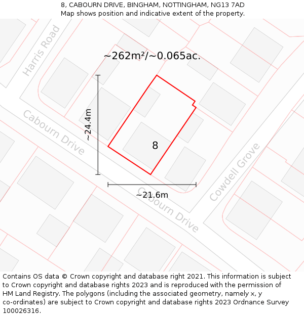 8, CABOURN DRIVE, BINGHAM, NOTTINGHAM, NG13 7AD: Plot and title map