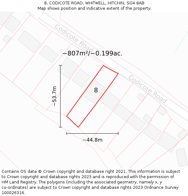 8, CODICOTE ROAD, WHITWELL, HITCHIN, SG4 8AB: Plot and title map