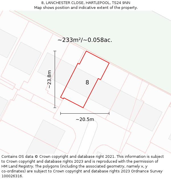8, LANCHESTER CLOSE, HARTLEPOOL, TS24 9NN: Plot and title map