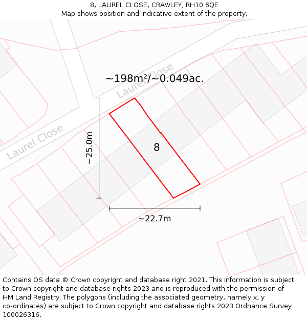 8, LAUREL CLOSE, CRAWLEY, RH10 6QE: Plot and title map