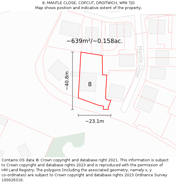 8, MANTLE CLOSE, COPCUT, DROITWICH, WR9 7JG: Plot and title map