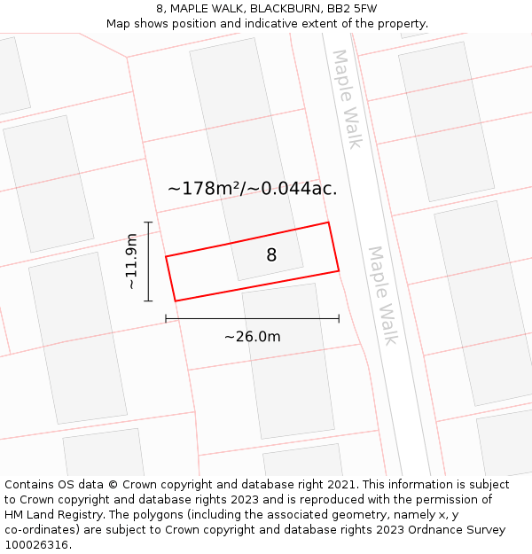 8, MAPLE WALK, BLACKBURN, BB2 5FW: Plot and title map