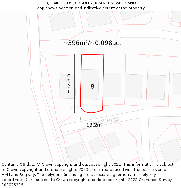 8, PIXIEFIELDS, CRADLEY, MALVERN, WR13 5ND: Plot and title map
