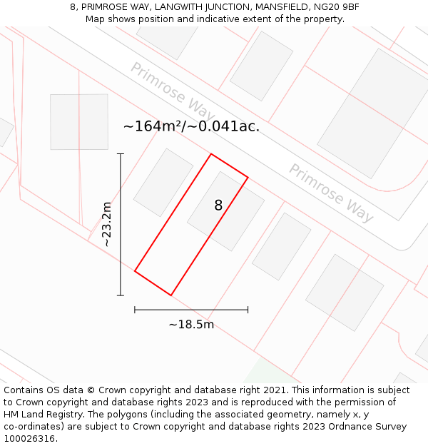 8, PRIMROSE WAY, LANGWITH JUNCTION, MANSFIELD, NG20 9BF: Plot and title map