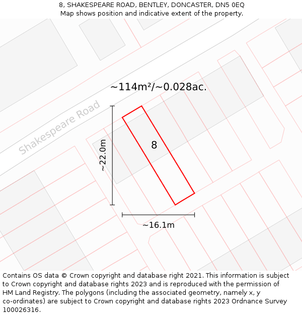 8, SHAKESPEARE ROAD, BENTLEY, DONCASTER, DN5 0EQ: Plot and title map