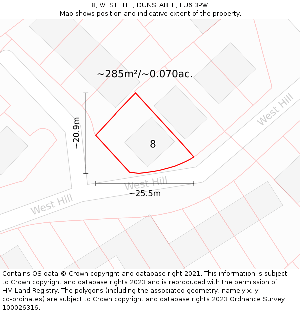 8, WEST HILL, DUNSTABLE, LU6 3PW: Plot and title map