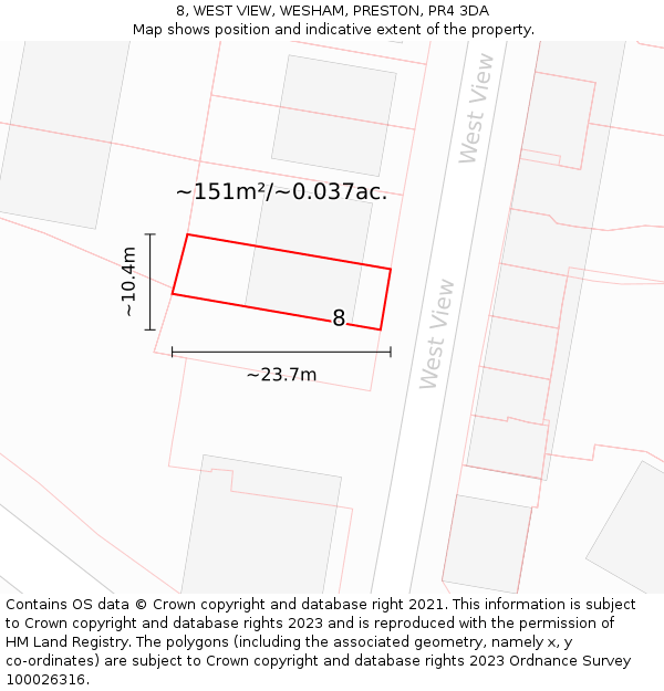 8, WEST VIEW, WESHAM, PRESTON, PR4 3DA: Plot and title map