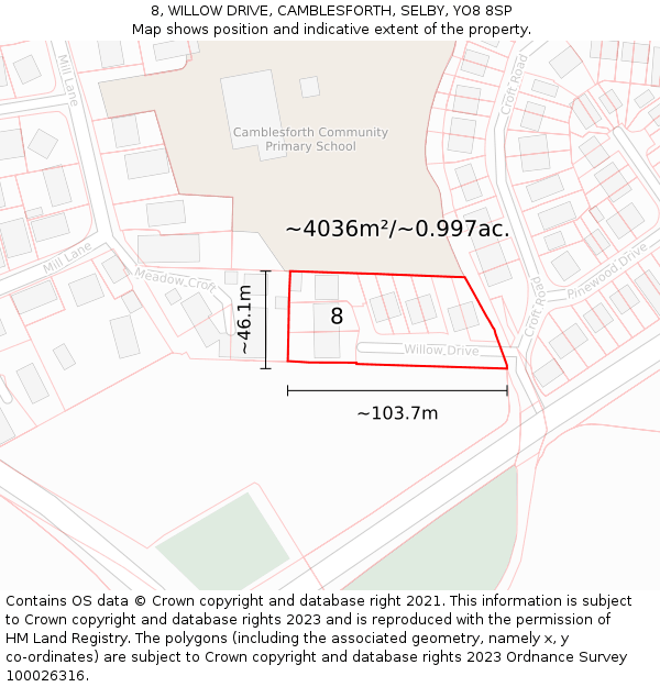 8, WILLOW DRIVE, CAMBLESFORTH, SELBY, YO8 8SP: Plot and title map