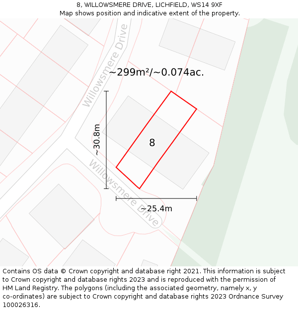 8, WILLOWSMERE DRIVE, LICHFIELD, WS14 9XF: Plot and title map
