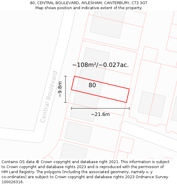 80, CENTRAL BOULEVARD, AYLESHAM, CANTERBURY, CT3 3GT: Plot and title map