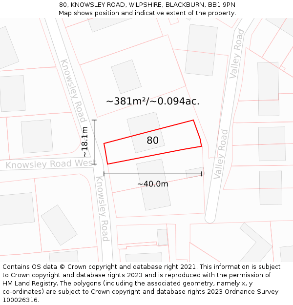 80, KNOWSLEY ROAD, WILPSHIRE, BLACKBURN, BB1 9PN: Plot and title map