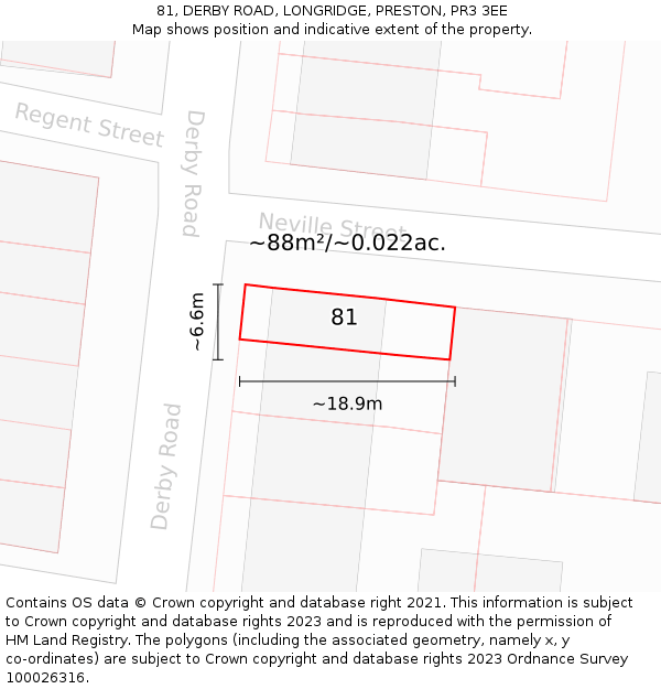 81, DERBY ROAD, LONGRIDGE, PRESTON, PR3 3EE: Plot and title map