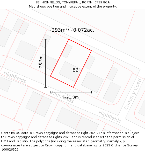 82, HIGHFIELDS, TONYREFAIL, PORTH, CF39 8GA: Plot and title map