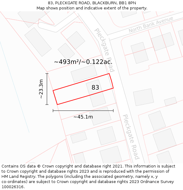 83, PLECKGATE ROAD, BLACKBURN, BB1 8PN: Plot and title map