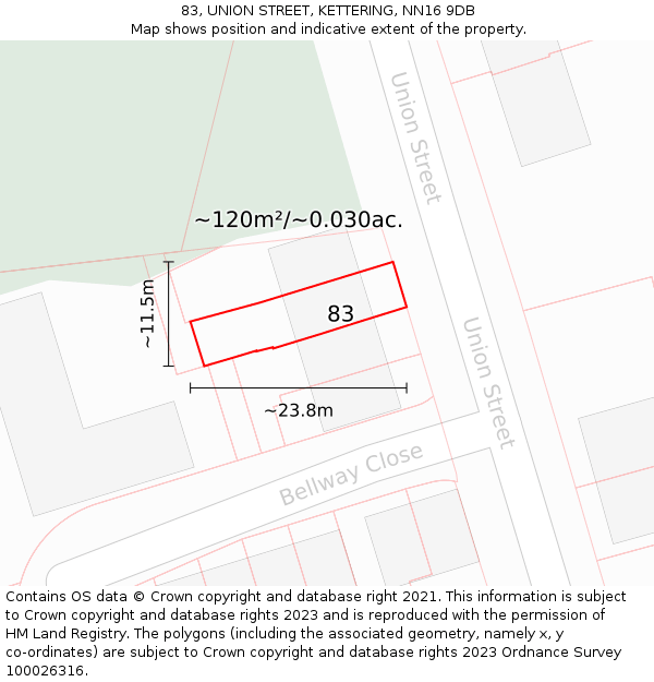 83, UNION STREET, KETTERING, NN16 9DB: Plot and title map