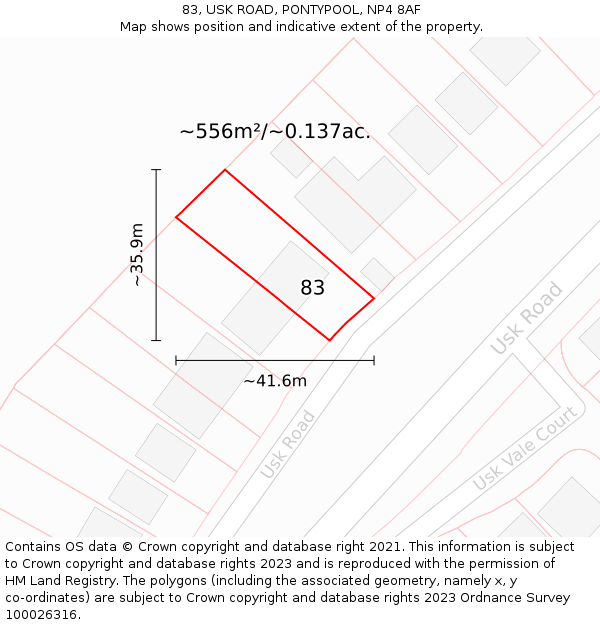 83, USK ROAD, PONTYPOOL, NP4 8AF: Plot and title map