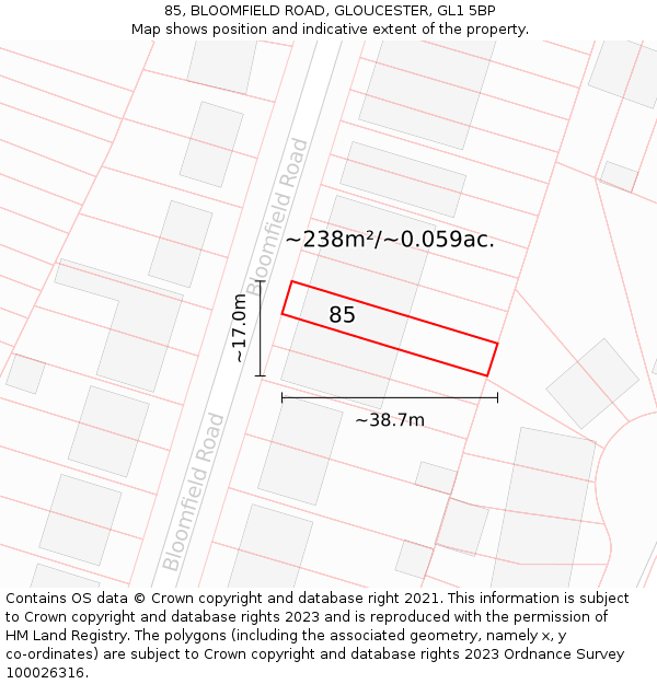 85, BLOOMFIELD ROAD, GLOUCESTER, GL1 5BP: Plot and title map