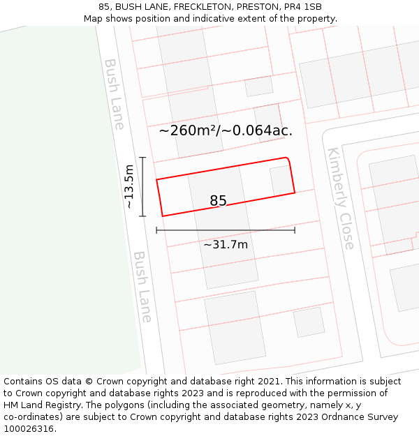 85, BUSH LANE, FRECKLETON, PRESTON, PR4 1SB: Plot and title map