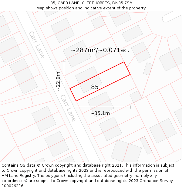 85, CARR LANE, CLEETHORPES, DN35 7SA: Plot and title map