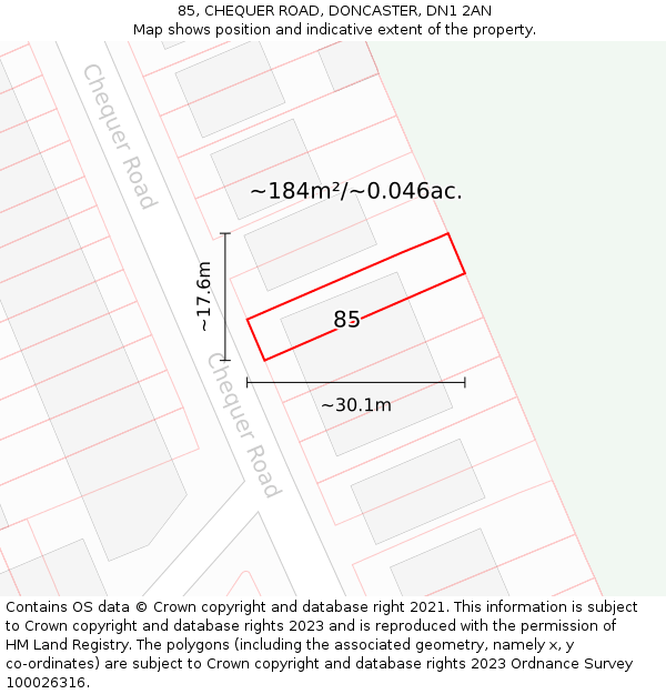 85, CHEQUER ROAD, DONCASTER, DN1 2AN: Plot and title map