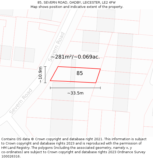 85, SEVERN ROAD, OADBY, LEICESTER, LE2 4FW: Plot and title map