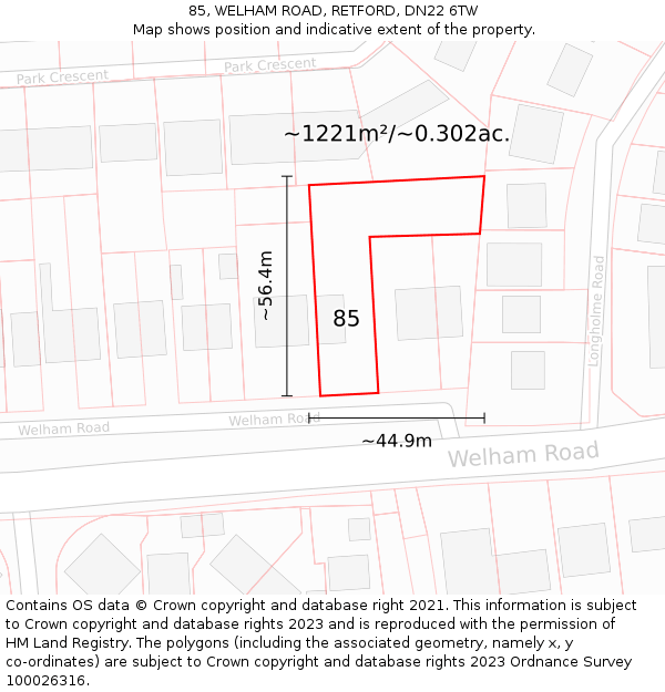 85, WELHAM ROAD, RETFORD, DN22 6TW: Plot and title map