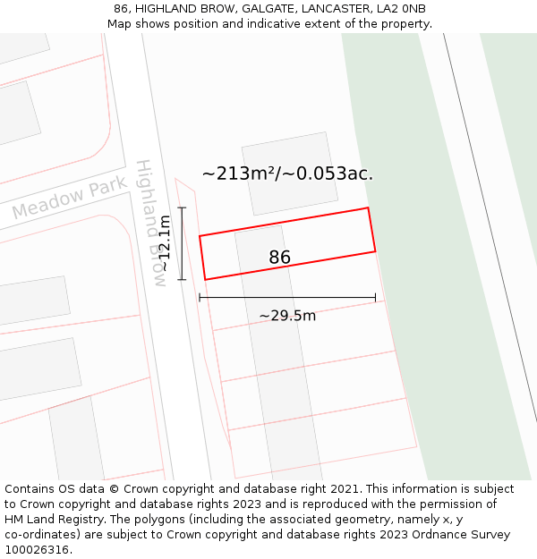 86, HIGHLAND BROW, GALGATE, LANCASTER, LA2 0NB: Plot and title map