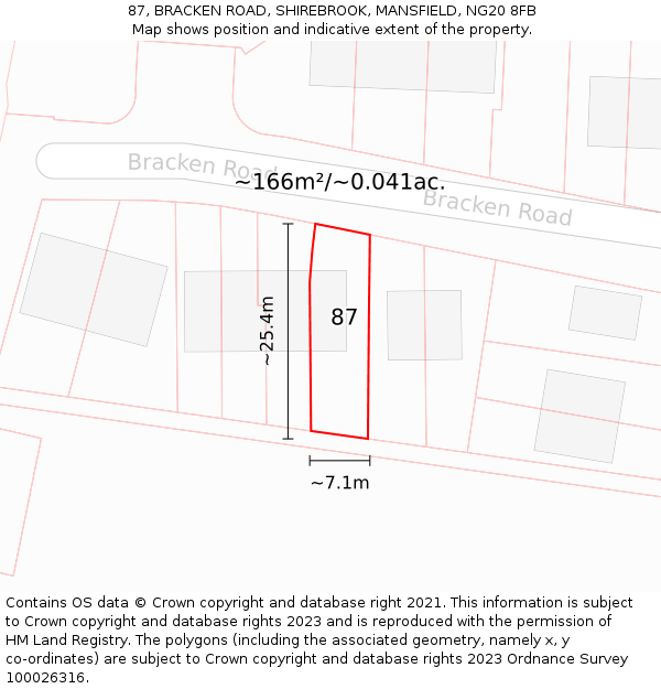 87, BRACKEN ROAD, SHIREBROOK, MANSFIELD, NG20 8FB: Plot and title map