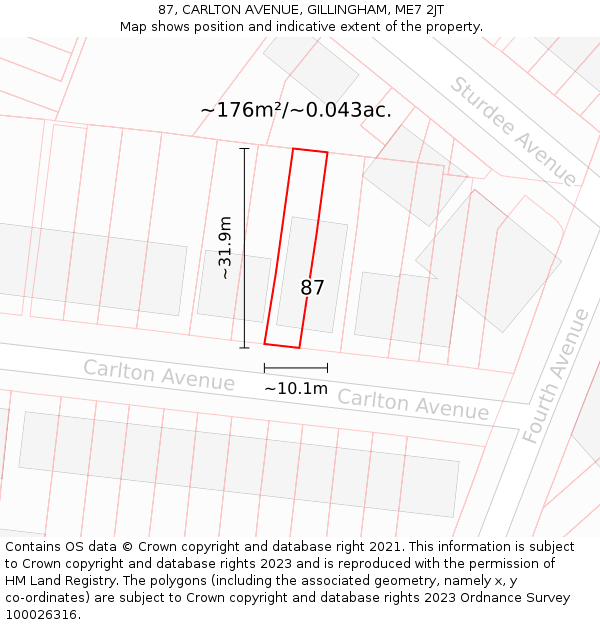 87, CARLTON AVENUE, GILLINGHAM, ME7 2JT: Plot and title map