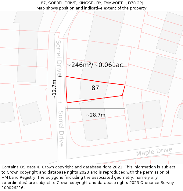 87, SORREL DRIVE, KINGSBURY, TAMWORTH, B78 2PJ: Plot and title map